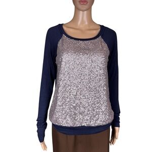 Three Dots Long Sleeve Mix Media Sequin Blue Gold Top Size M